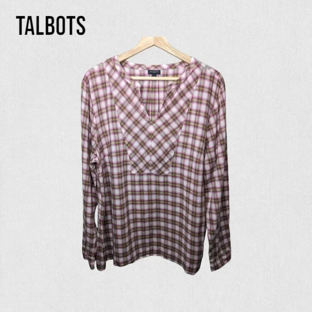 Talbots Pink Plaid 100% Cotton Tunic Womens Long Sleeve V-Neck Peasant Top Sz XL